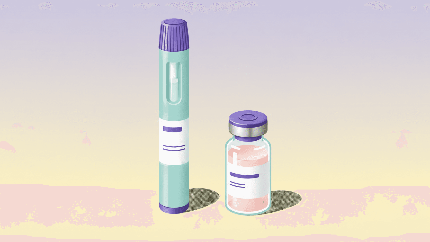 Pastel illustration of a slim mint injection pen beside a small medicine vial on a lavender-to-cream background.