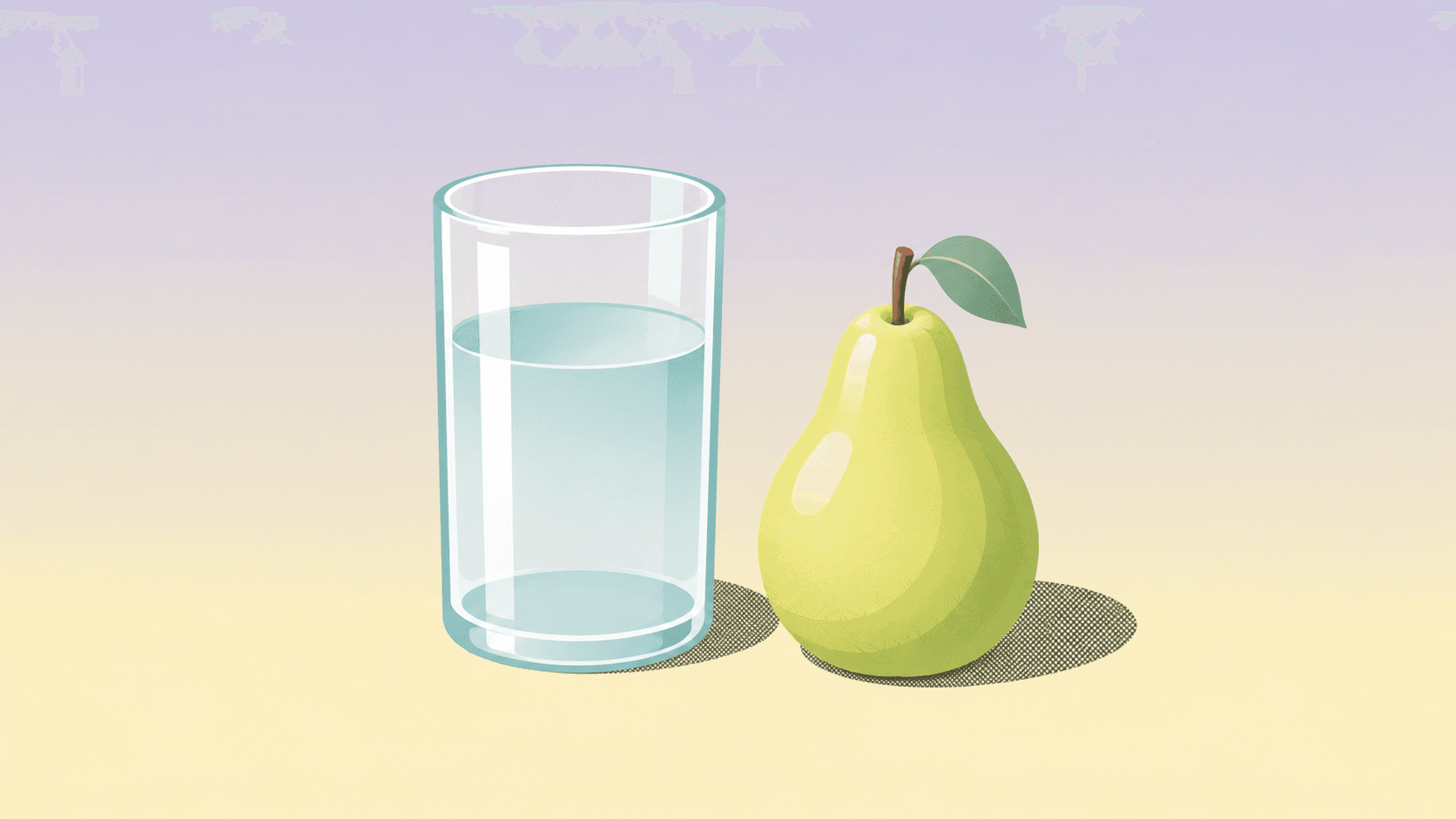 Pastel illustration of a glass of water and a green pear on a lavender-to-cream background.
