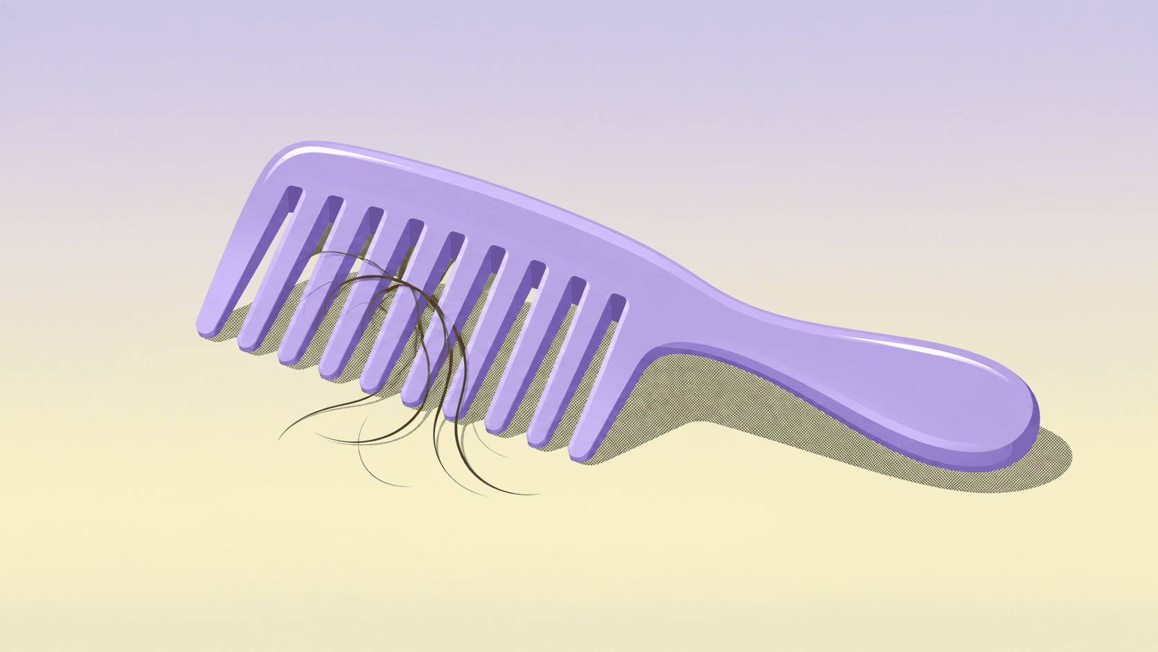Pastel illustration of a lavender comb with loose brown hair strands caught between its teeth.