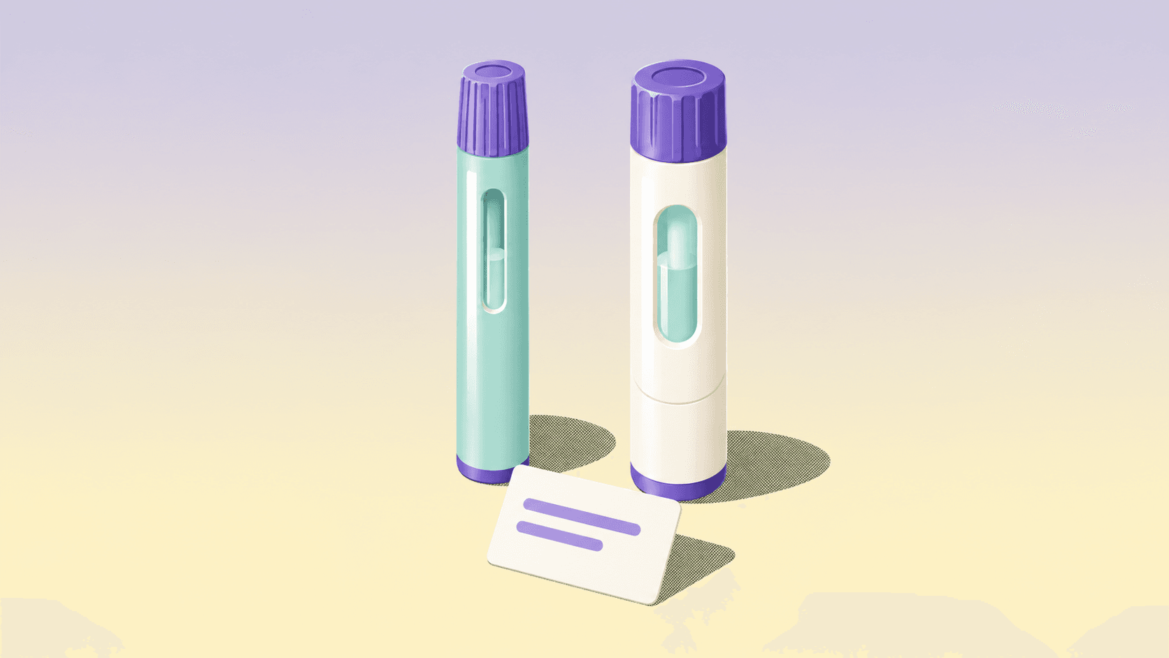 Pastel illustration of two different medicine pens and a small comparison card on a lavender-to-cream background.